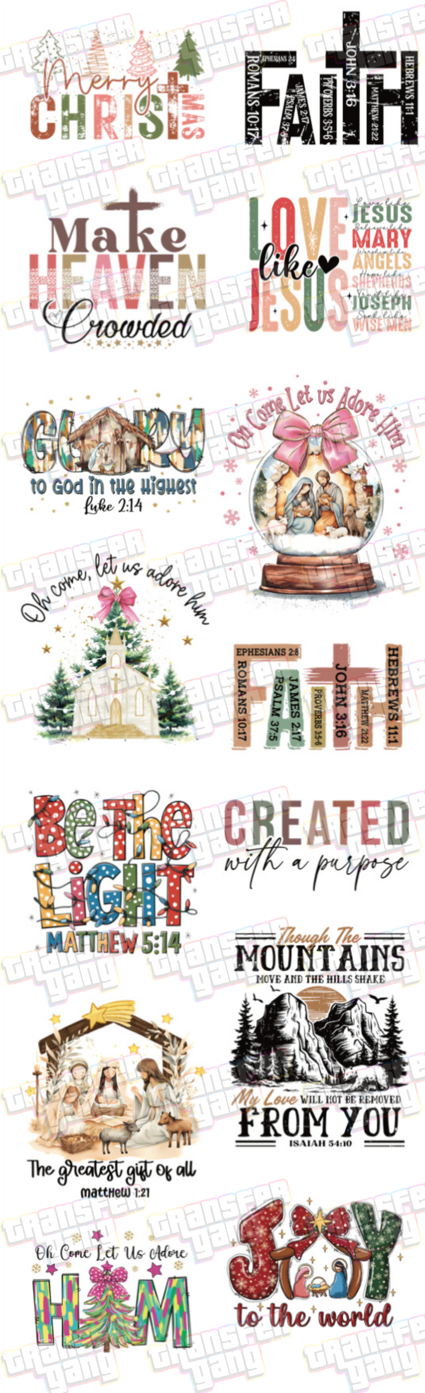 Faith-Inspired DTF Gang Sheet | READY TO PRESS l 12 Designs for Adult Apparel | 7-Foot Gang Sheet