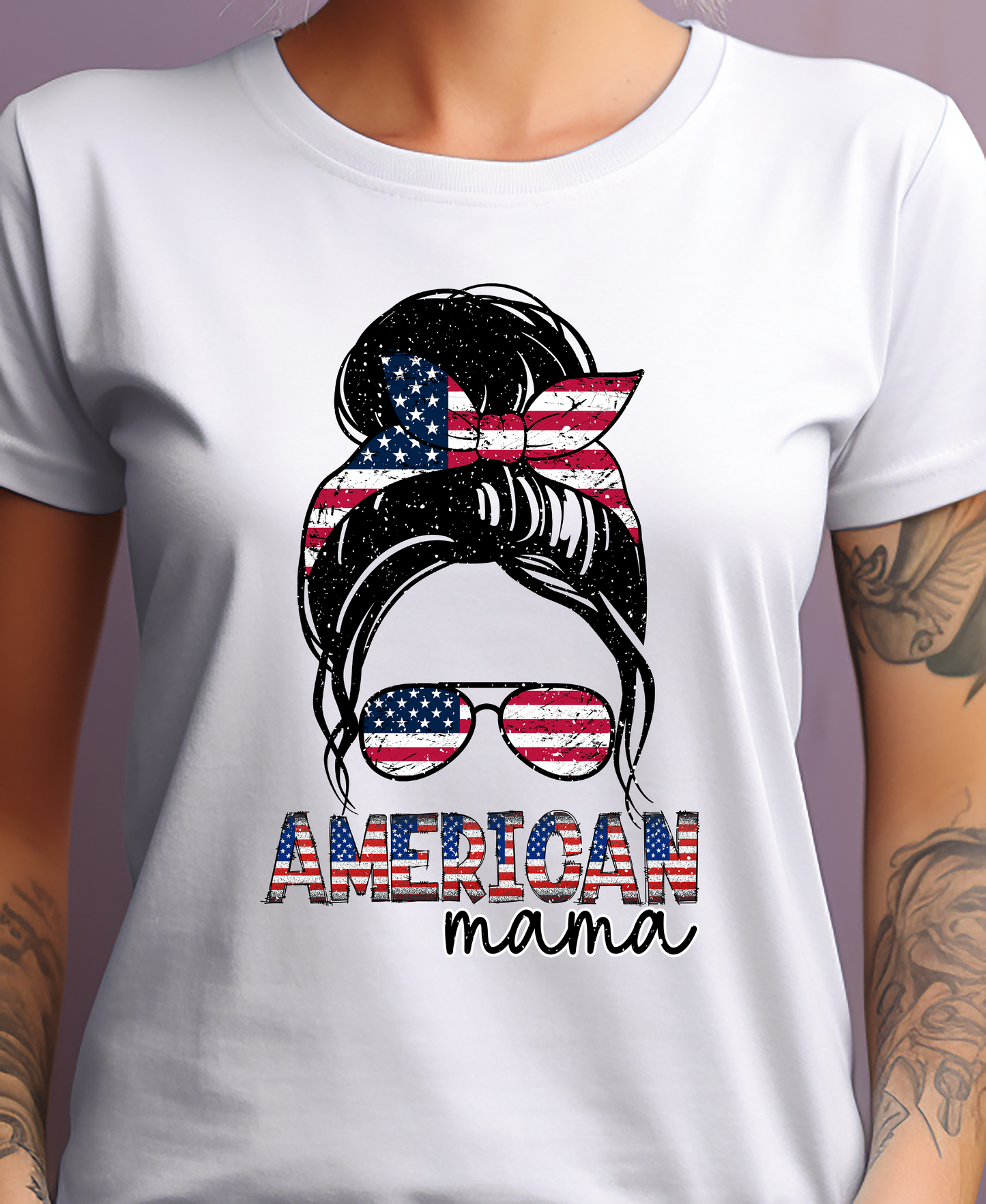 American Mama With Sun Glasses-USA Flag - 4th of July - DTF Transfer