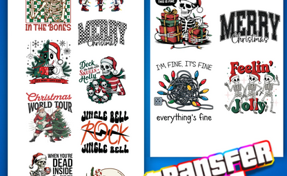 READY to PRESS - Skeleton & Goth-Inspired Christmas DTF Gang Sheet | 12 Dark Designs for Adult Apparel | Ready to Press, 7-Foot Gang Sheet