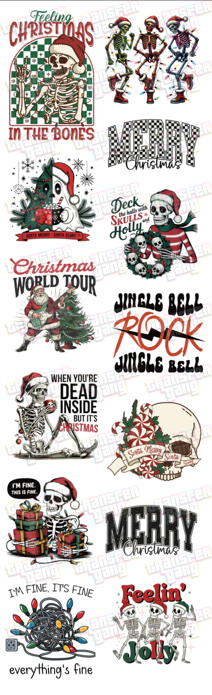 READY to PRESS - Skeleton & Goth-Inspired Christmas DTF Gang Sheet | 12 Dark Designs for Adult Apparel | Ready to Press, 7-Foot Gang Sheet